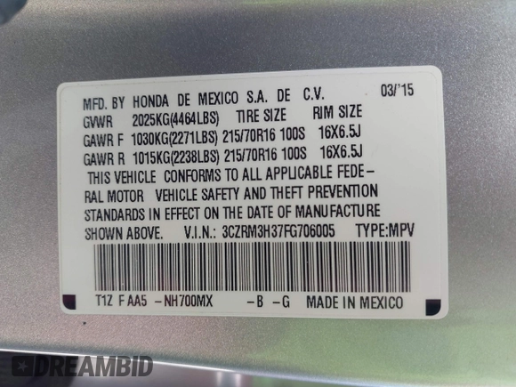 2015 Honda CR-V LX with VIN 3CZRM3H37FG706005, listed as a IAAI auction lot 41968907 with 107,690 mi miles and . Bid and sale history available at carsss.com. Image 9.