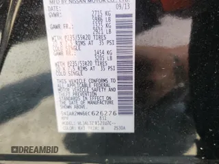 2014 Nissan Pathfinder Platinum with VIN 5N1AR2MN6EC626276, listed as a Copart auction lot 62007155 with Not provided miles and Salvage title. Bid and sale history available at DreamBid. Image 12.