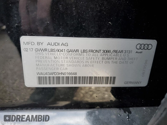 2017 Audi A8 L Sport with VIN WAU43AFD3HN016648, listed as a Copart auction lot 52583745 with 148,562 mi miles and Clean Title. Bid and sale history available at carsss.com. Image 12.