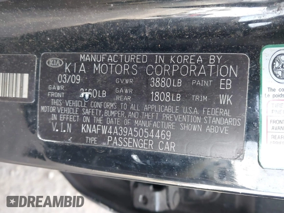 2010 Kia Forte SX with VIN KNAFW4A39A5054469, listed as a IAAI auction lot 41526636 with 115,008 mi miles. Bid and sale history available at carsss.com. Image 9.
