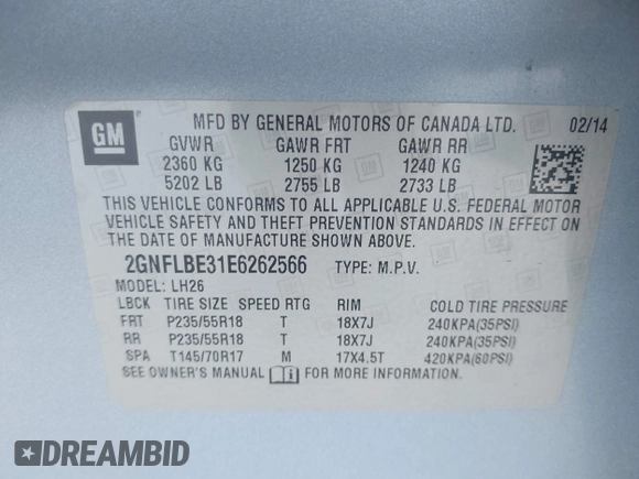 2014 Chevrolet Equinox LT with VIN 2GNFLBE31E6262566, listed as a IAAI auction lot 41295999 with 102,167 mi miles. Bid and sale history available at carsss.com. Image 9.