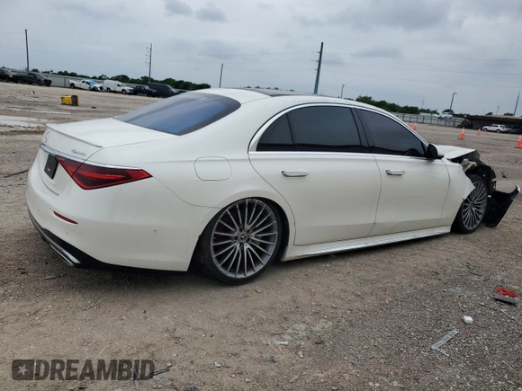 2022 Mercedes-Benz S 500 with VIN W1K6G6DBXNA166392, listed as a Copart auction lot 55101565 with 19,276 mi miles and Clean Title. Bid and sale history available at DreamBid. Image 3.