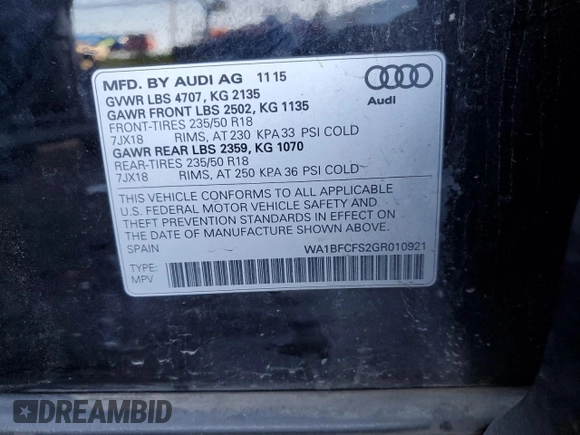 2016 Audi Q3 Premium Plus with VIN WA1BFCFS2GR010921, listed as a Copart auction lot 88348235 with 97,618 mi miles and Salvage Title. Bid and sale history available at carsss.com. Image 14.
