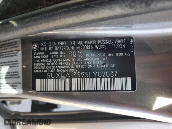 2005 BMW X5 3.0i with VIN 5UXFA13595LY02037, listed as a Copart auction lot 75937804 with 194,485 mi miles and Salvage Title. Bid and sale history available at carsss.com. Image 14.