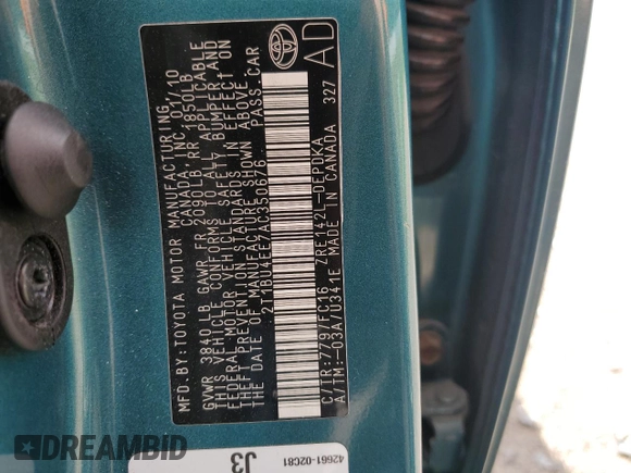2010 Toyota Corolla with VIN 2T1BU4EE7AC350676, listed as a Copart auction lot 54970525 with 91,027 mi miles and Salvage title. Bid and sale history available at DreamBid. Image 12.