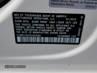 2015 Volkswagen Passat Sport z VIN 1VWBT7A37FC007548, wystawiony jako Copart lot #52492585 z przebiegiem 113 058 mil mil oraz Szkoda całkowita • Salvage title. Historia ofert i sprzedaży dostępna na DreamBid. Obrazek 12.