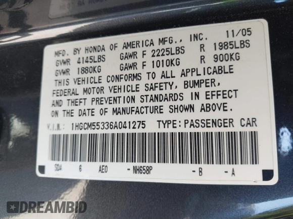 2006 Honda Accord LX SE with VIN 1HGCM55336A041275, listed as a IAAI auction lot 41846071 with 208,283 mi miles and . Bid and sale history available at DreamBid. Image 9.