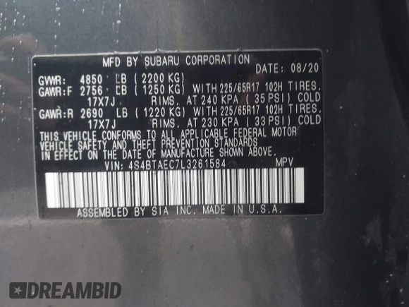 2020 Subaru Outback Premium with VIN 4S4BTAEC7L3261584, listed as a IAAI auction lot 42358700 with 71,396 mi miles and . Bid and sale history available at DreamBid. Image 9.
