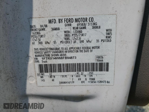 2008 Ford F-150 STX z VIN 1FTRX14W68FB94873, wystawiony jako Copart lot #58972095 z przebiegiem 257 876 mil mil oraz Szkoda całkowita • Salvage title. Historia ofert i sprzedaży dostępna na DreamBid. Obrazek 12.