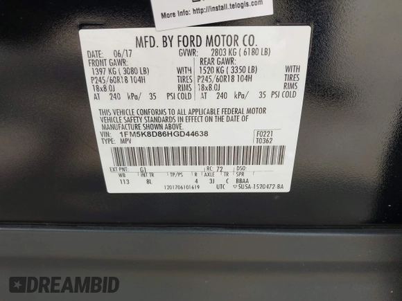 2017 Ford Explorer XLT z VIN 1FM5K8D86HGD44638, wystawiony jako IAAI lot #42628423 z przebiegiem 441 045 mil mil oraz . Historia ofert i sprzedaży dostępna na DreamBid. Obrazek 9.