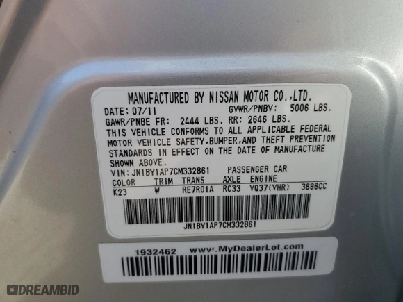 2012 Infiniti M37 with VIN JN1BY1AP7CM332861, listed as a Copart auction lot 74978954 with 72,917 mi miles and Non Repairable. Bid and sale history available at carsss.com. Image 13.
