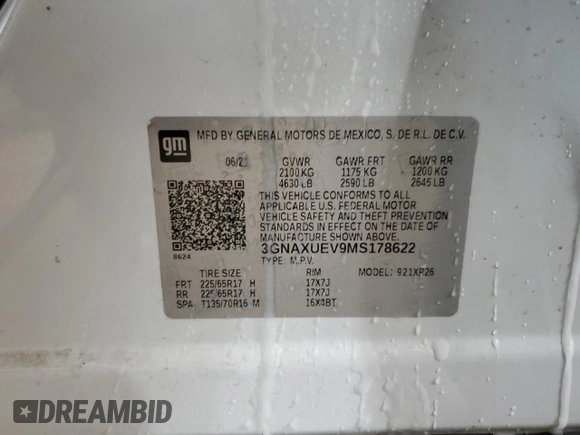 2021 Chevrolet Equinox LT with VIN 3GNAXUEV9MS178622, listed as a Copart auction lot 45411185 with 34,649 mi miles and Salvage Title. Bid and sale history available at DreamBid. Image 13.