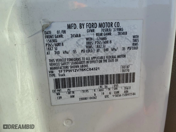 2008 Ford F-150 XLT with VIN 1FTPW12V78KC84321, listed as a Copart auction lot 42813835 with 187,481 mi miles and Salvage Title. Bid and sale history available at carsss.com. Image 12.