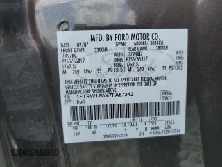 2007 Ford F-150 XLT with VIN 1FTRW12W47FA87342, listed as a Copart auction lot 56244265 with 293,800 mi miles and Salvage title. Bid and sale history available at DreamBid. Image 12.