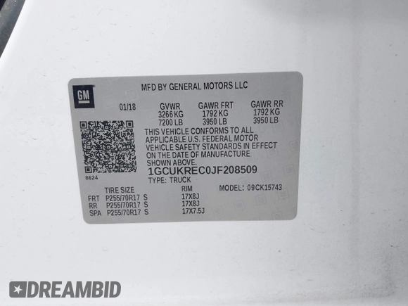 2018 Chevrolet Silverado 1500 LT with VIN 1GCUKREC0JF208509, listed as a IAAI auction lot 41794616 with 96,962 mi miles and . Bid and sale history available at DreamBid. Image 9.