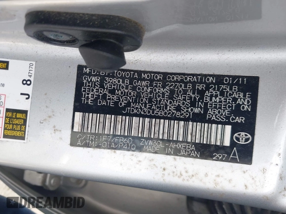 2011 Toyota Prius I with VIN JTDKN3DU5B0278291, listed as a IAAI auction lot 42051410 with 150,677 mi miles. Bid and sale history available at carsss.com. Image 9.