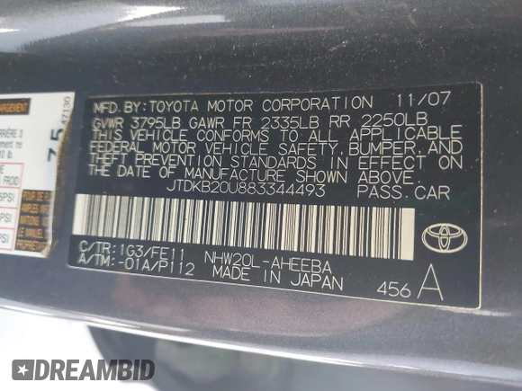 2008 Toyota Prius with VIN JTDKB20U883344493, listed as a IAAI auction lot 42002921 with 552,761 mi miles. Bid and sale history available at carsss.com. Image 9.