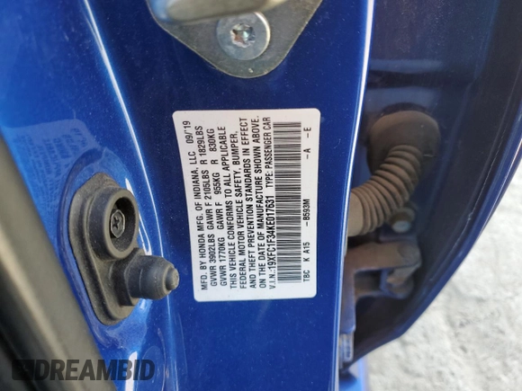 2019 Honda Civic EX z VIN 19XFC1F34KE017631, wystawiony jako Copart lot #53533485 z przebiegiem 55 931 mil mil oraz Szkoda całkowita • Salvage title. Historia ofert i sprzedaży dostępna na DreamBid. Obrazek 12.