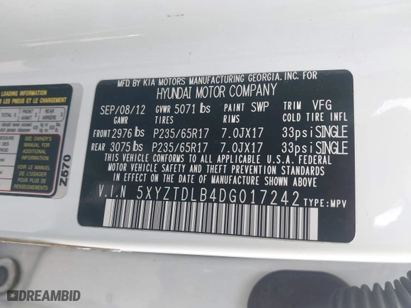 2013 Hyundai Santa Fe Sport with VIN 5XYZTDLB4DG017242, listed as a IAAI auction lot 41616381 with 146,169 mi miles. Bid and sale history available at carsss.com. Image 9.