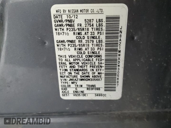 2013 Nissan Murano SV with VIN JN8AZ1MWXDW305687, listed as a Copart auction lot 55422905 with 73,432 mi miles and Salvage title. Bid and sale history available at DreamBid. Image 13.