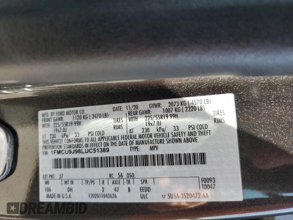 2020 Ford Escape Titanium с VIN 1FMCU9J98LUC51389, выставлен на аукционе Copart как лот 64387595 с пробегом 54 993 миль миль и Чистый • Clean title. История ставок и продаж доступна на DreamBid. Изображение 13.