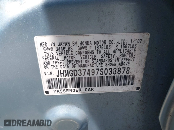 2007 Honda Fit with VIN JHMGD37497S033878, listed as a IAAI auction lot 42753808 with 231,725 mi miles and . Bid and sale history available at DreamBid. Image 9.
