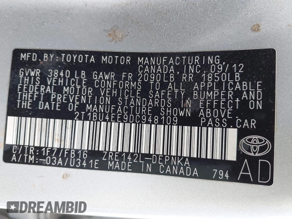 2013 Toyota Corolla L with VIN 2T1BU4EE9DC948109, listed as a IAAI auction lot 42136011 with 166,663 mi miles and . Bid and sale history available at DreamBid. Image 9.