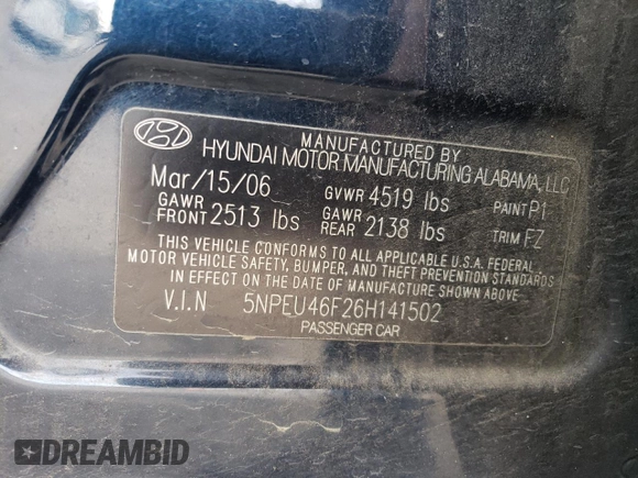 2006 Hyundai Sonata GLS with VIN 5NPEU46F26H141502, listed as a Copart auction lot 52034635 with 169,786 mi miles and Salvage Title. Bid and sale history available at DreamBid. Image 12.