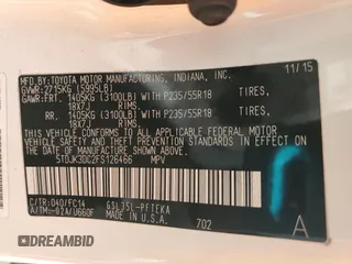 2015 Toyota Sienna LE with VIN 5TDJK3DC2FS126466, listed as a Copart auction lot 61165105 with 56,634 mi miles and Salvage title. Bid and sale history available at DreamBid. Image 14.