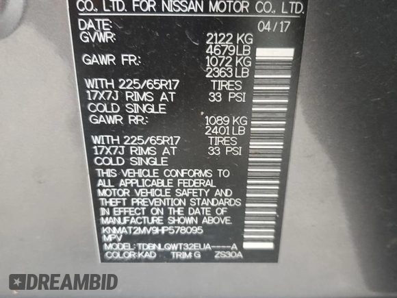 2017 Nissan Rogue SV with VIN KNMAT2MV9HP578095, listed as a Copart auction lot 61215775 with 108,192 mi miles and Salvage title. Bid and sale history available at DreamBid. Image 13.