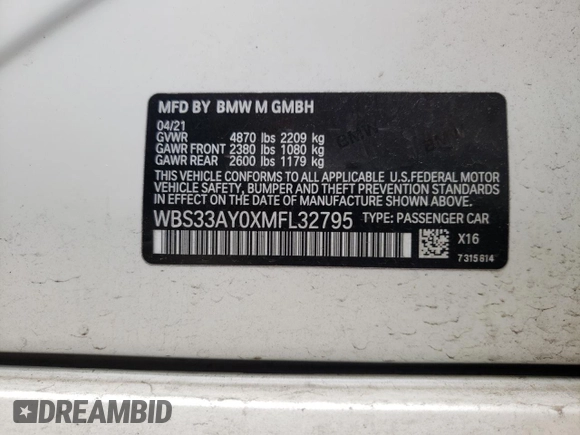 2021 BMW M3 Competition z VIN WBS33AY0XMFL32795, wystawiony jako Copart lot #52745265 z przebiegiem Nie podano mil oraz Szkoda całkowita • Salvage title. Historia ofert i sprzedaży dostępna na DreamBid. Obrazek 12.