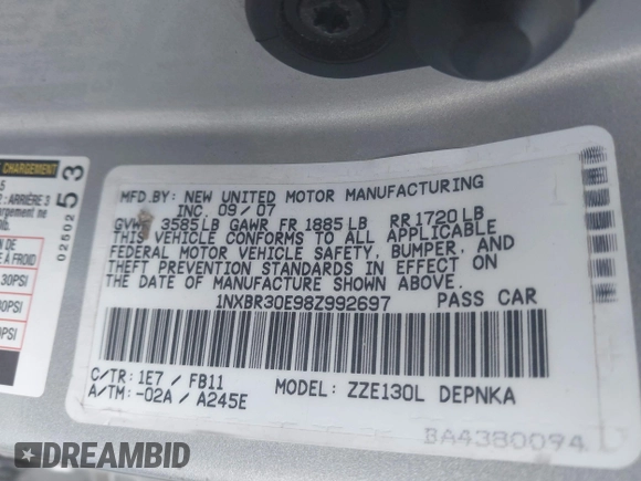 2008 Toyota Corolla CE with VIN 1NXBR30E98Z992697, listed as a IAAI auction lot 42130023 with 238,616 mi miles and . Bid and sale history available at DreamBid. Image 9.
