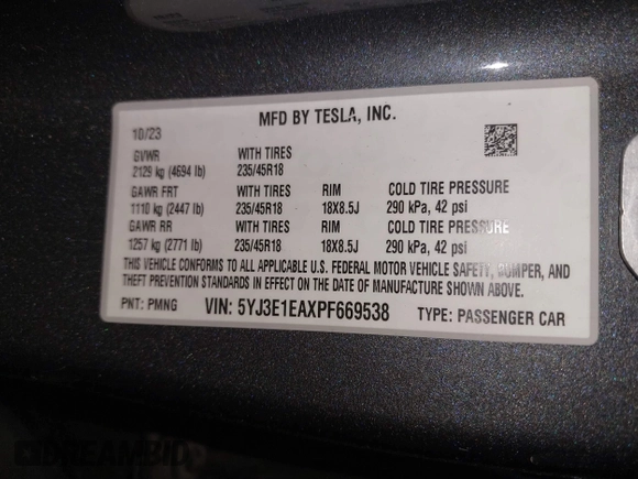 2023 Tesla Model 3 with VIN 5YJ3E1EAXPF669538, listed as a IAAI auction lot 40329679 with 16,612 mi miles and . Bid and sale history available at DreamBid. Image 9.