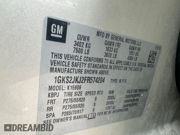 2015 GMC Yukon XL Denali with VIN 1GKS2JKJ2FR574204, listed as a Copart auction lot 54520825 with 213,647 mi miles and Clean Title. Bid and sale history available at carsss.com. Image 10.
