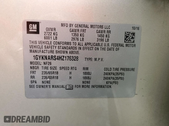 2017 Cadillac XT5 FWD with VIN 1GYKNARS4HZ176328, listed as a Copart auction lot 42861815 with Not provided miles and Non repairable. Bid and sale history available at DreamBid. Image 13.