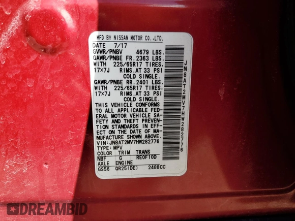 2017 Nissan Rogue S with VIN JN8AT2MV7HW282776, listed as a Copart auction lot 51732365 with Not Provided miles and Salvage Title. Bid and sale history available at DreamBid. Image 13.