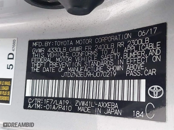2017 Toyota Prius v Two with VIN JTDZN3EU9HJ070219, listed as a IAAI auction lot 41358297 with 209,303 mi miles. Bid and sale history available at carsss.com. Image 9.
