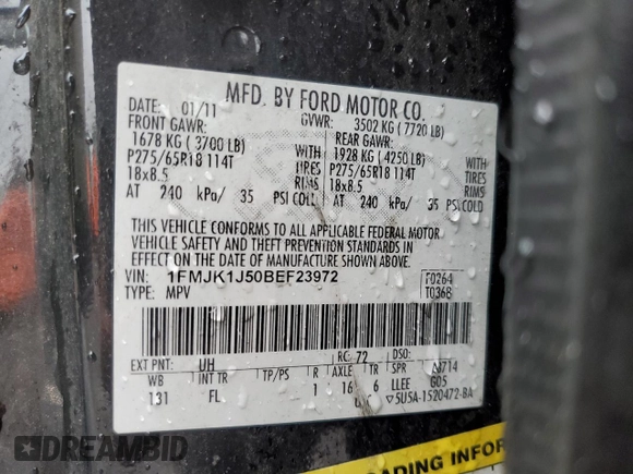 2011 Ford Expedition Max XLT with VIN 1FMJK1J50BEF23972, listed as a Copart auction lot 58094095 with 252,163 mi miles and Clean title. Bid and sale history available at DreamBid. Image 13.