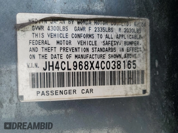 2004 Acura TSX with VIN JH4CL968X4C038165, listed as a Copart auction lot 61095245 with 176,657 mi miles and Clean title. Bid and sale history available at DreamBid. Image 12.