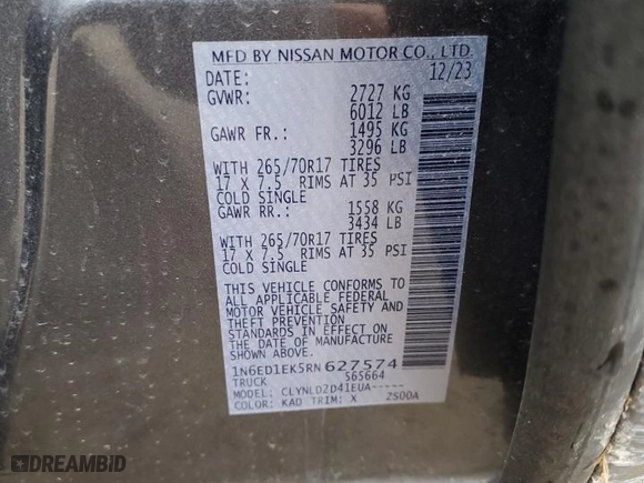 2024 Nissan Frontier PRO-4X with VIN 1N6ED1EK5RN627574, listed as a Copart auction lot 43977725 with 12,019 mi miles and Salvage Title. Bid and sale history available at carsss.com. Image 14.