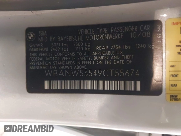 2009 BMW 5 Series 550i with VIN WBANW53549CT55674, listed as a IAAI auction lot 41507964 with 162,776 mi miles and . Bid and sale history available at carsss.com. Image 9.