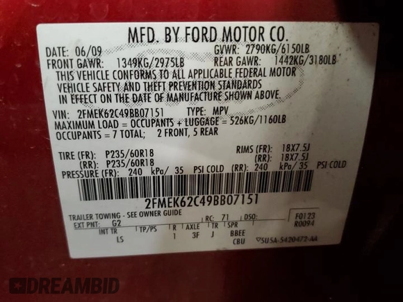 2009 Ford Flex SEL with VIN 2FMEK62C49BB07151, listed as a Copart auction lot 52347695 with 206,678 mi miles and Salvage Title. Bid and sale history available at carsss.com. Image 13.