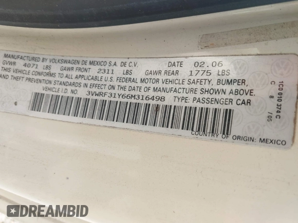 2006 Volkswagen Beetle z VIN 3VWRF31Y66M316498, wystawiony jako IAAI lot #42399384 z przebiegiem 123 886 mil mil oraz . Historia ofert i sprzedaży dostępna na DreamBid. Obrazek 9.