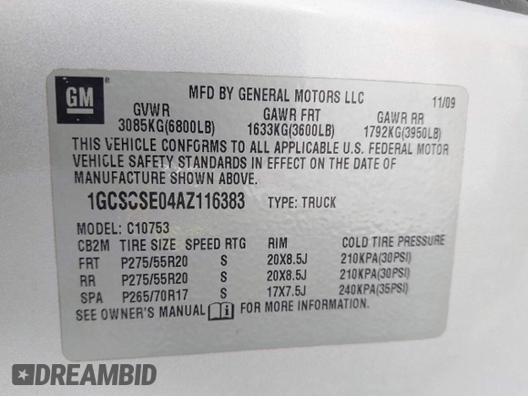 2010 Chevrolet Silverado 1500 LT with VIN 1GCSCSE04AZ116383, listed as a IAAI auction lot 41508799 with 168,530 mi miles and . Bid and sale history available at DreamBid. Image 9.