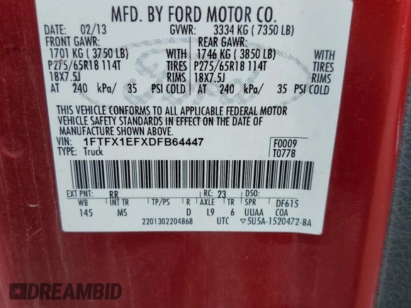 2013 Ford F-150 XL with VIN 1FTFX1EFXDFB64447, listed as a Copart auction lot 56474145 with 284,491 mi miles and Salvage title. Bid and sale history available at DreamBid. Image 12.