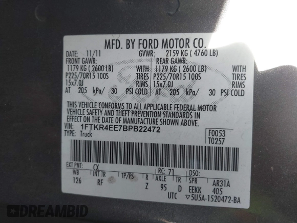2011 Ford Ranger XLT with VIN 1FTKR4EE7BPB22472, listed as a IAAI auction lot 41795980 with Not Provided miles. Bid and sale history available at carsss.com. Image 9.