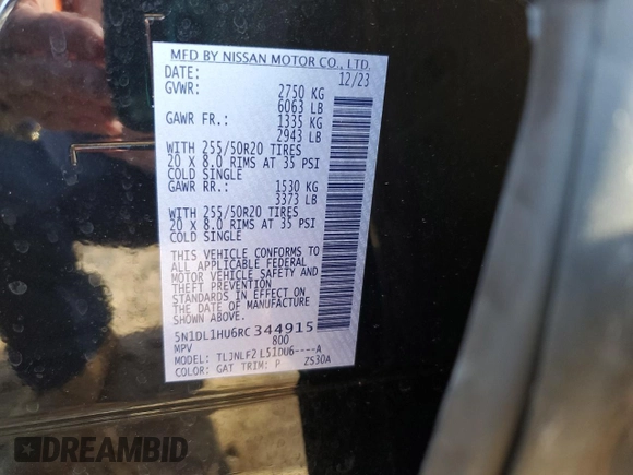 2024 Infiniti QX60 Autograph with VIN 5N1DL1HU6RC344915, listed as a Copart auction lot 48544125 with 7,927 mi miles and Salvage title. Bid and sale history available at DreamBid. Image 15.