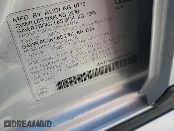 2019 Audi allroad A4 Premium with VIN WA17NAF44KA109911, listed as a Copart auction lot 55655124 with 44,511 mi miles and Salvage Title. Bid and sale history available at DreamBid. Image 13.