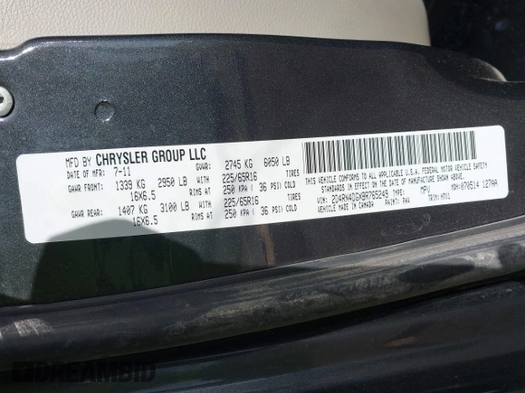 2011 Dodge Grand Caravan SXT with VIN 2D4RN4DGXBR765249, listed as a IAAI auction lot 41097760 with 95,481 mi miles and . Bid and sale history available at DreamBid. Image 9.