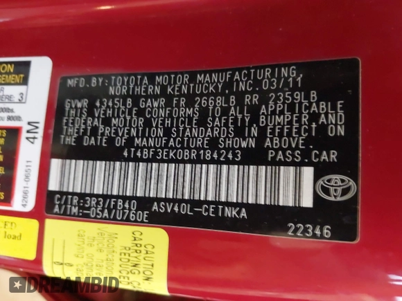 2011 Toyota Camry LE with VIN 4T4BF3EK0BR184243, listed as a IAAI auction lot 40724383 with 161,119 mi miles. Bid and sale history available at carsss.com. Image 9.